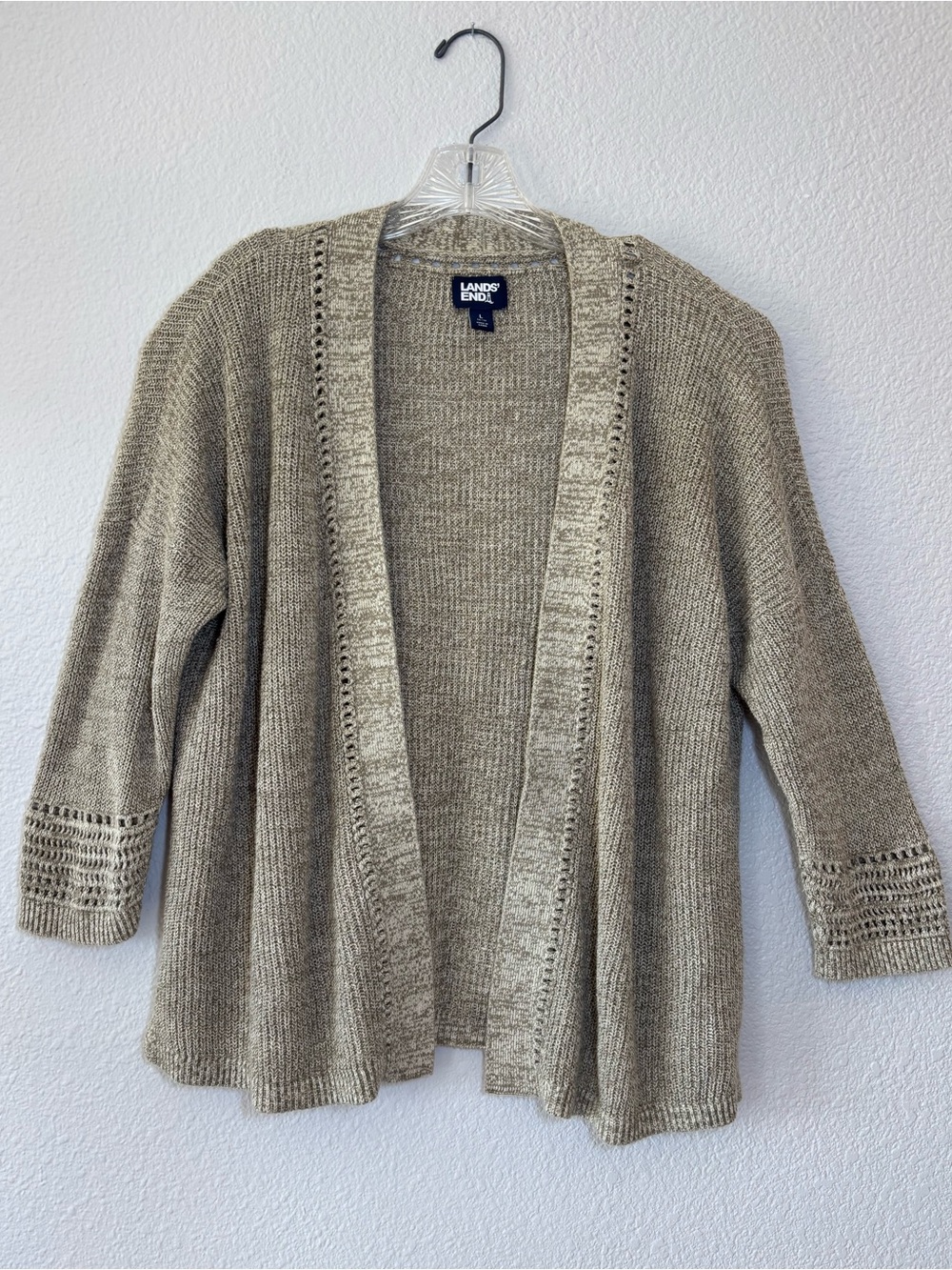 Lands' End  Open Front Marled Knit Cardigan Sweater Large (14-16) Linen Blend